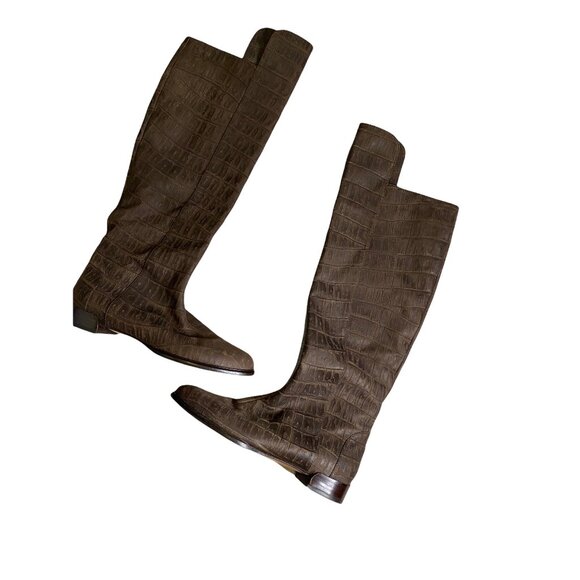 Alberta Ferretti Women's Brown Embossed Leather OTK Boots Size 38.5 - Picture 1 of 7